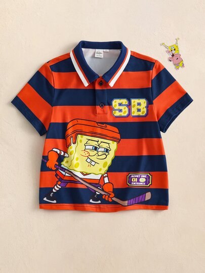 SpongeBob SquarePants | SHEIN Young Boy Letter Stripe Print Short Sleeve Casual Polo Collar T-Shirt