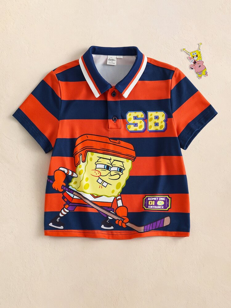SpongeBob SquarePants | SHEIN 小男孩字母條紋印花短袖休閒 Polo 領 T 恤 - 橘色 - 查看 1