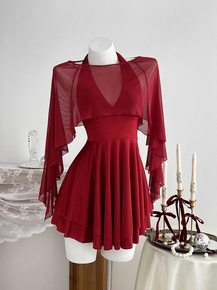 Elamini Set Gaun Mini Seksi Leher V Model Halter Warna Merah Anggur Minimalis untuk Pesta Wanita + Atasan Syal - Burgundy - View 1