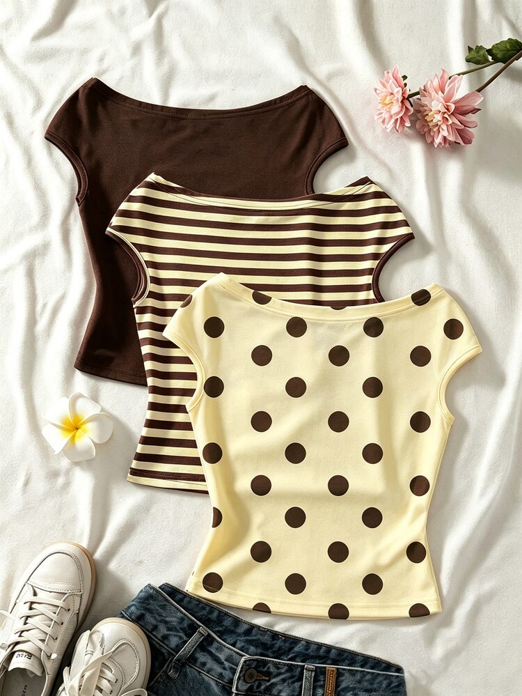 Sparklyn 3pcs/Set Girls' Vacation Fitted Off-Shoulder Multi-Color T-Shirts - Multicolor - View 2
