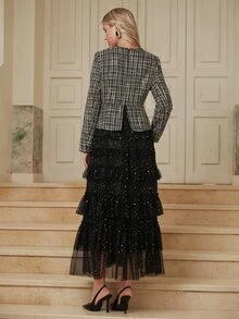 Gaun 2 in 1 Lengan Panjang Motif Kotak-kotak Patchwork Jala Elegan untuk Wanita, Gaya Musim Gugur Terbaru untuk Jalan-jalan, Perjalanan, dan Kantor - Hitam - View 8