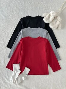 SHEIN Playful Pals 3件裝字母印花圓領長袖T恤，精緻有意義的字母印花，活潑有趣，舒適柔軟面料，適合日常穿著、學校、運動、居家等多種場合 - 彩色 - 查看 2
