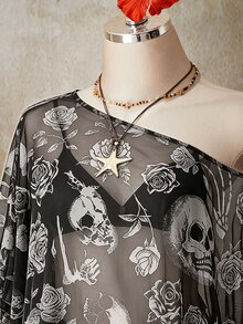 SHEIN ICON 萬聖節骷髏印花大尺碼女款網紗上衣，適合夏季 - 彩色 - 查看 6