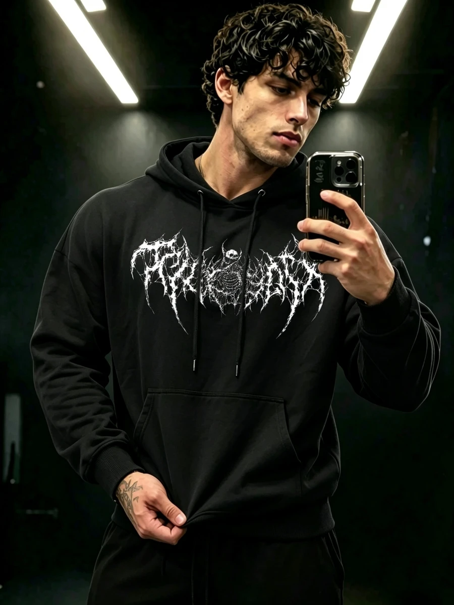 GymBeat Men's Skull Print Long Sleeve Drawstring Hooded Sweatshirt, Gym - Black - View 1