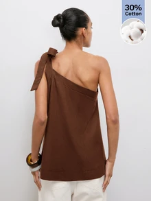 Maija Loose Asymmetric Neck Tie Strap Tank Top With Contrast Stitching, Linen Blend, Casual Comfortable Beach Brunch Vacation Minimalist Coffee Brown Summer - Brown - View 4