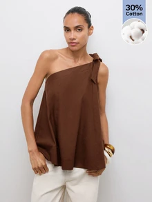 Maija Loose Asymmetric Neck Tie Strap Tank Top With Contrast Stitching, Linen Blend, Casual Comfortable Beach Brunch Vacation Minimalist Coffee Brown Summer - Brown - View 2