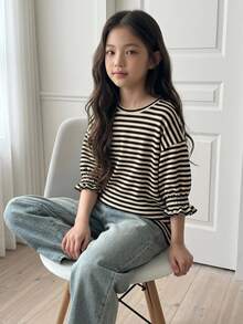 DAZY Tween Girls Apricot Knitted Striped Short Sleeve Round Neck Autumn Lantern Sleeve Loose T-Shirt - Apricot - View 6
