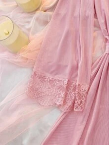 DelicateAllure Women's Sweet Lace Patchwork Cami Dress With Long Sleeve Cardigan Pajama Set - Pink - View 6