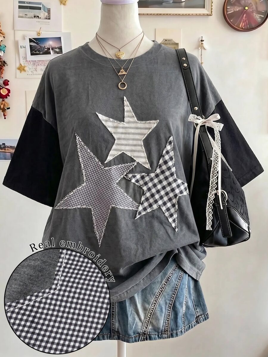 Lalippa Kaos Wanita Ukuran Besar Panjang Sedang Leher Bulat Bahu Jatuh dengan Cetakan Digital Pentagram dan Bordir Aplikasi, Gaya Minimalis Modis, Hadiah untuk Teman - Dark Grey - View 1