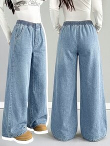 SHEIN Vintaside Kids 青少年女孩 Y2K 純色水洗寬鬆直筒牛仔褲，女孩返校街頭風，適合日常休閒，舒適柔軟，適合返校季、秋冬穿著 - 淺色水洗藍 - 查看 7