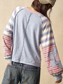 Bohemela 女款休閒針織拼色圓領寬鬆長袖衛衣，適合秋冬穿著 - 彩色 - 查看 7