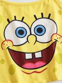 SpongeBob SquarePants | SHEIN Tween Girl Cartoon Print Cami Top And Shorts Casual Daily Home Sleepwear Set - Yellow - View 4