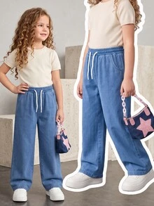 SHEIN Explorewe 女童牛仔褲 2026 秋季新品 淺藍色 鬆緊腰帶抽繩設計 寬鬆版型 輕量柔軟牛仔面料 親膚舒適 四季皆宜 適合日常拍照、購物、日常出遊、度假 多場景穿搭 - 中等水洗藍 - 查看 4