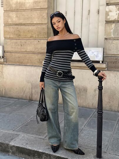 TRNVIE Women's Patchwork Striped Fitted Versatile Minimalist Pleated Button Off-Shoulder Long Sleeve Knit Sweater, Autumn/Winter