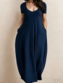 Trelyra Plus Size Women Solid Color Casual Party & Travel Dress - Navy Blue - View 1