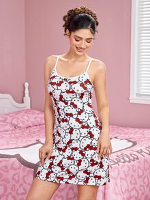 HELLO KITTY AND FRIENDS | SHEIN 女款卡通印花細肩帶睡裙 - 紅白色 - 查看 6