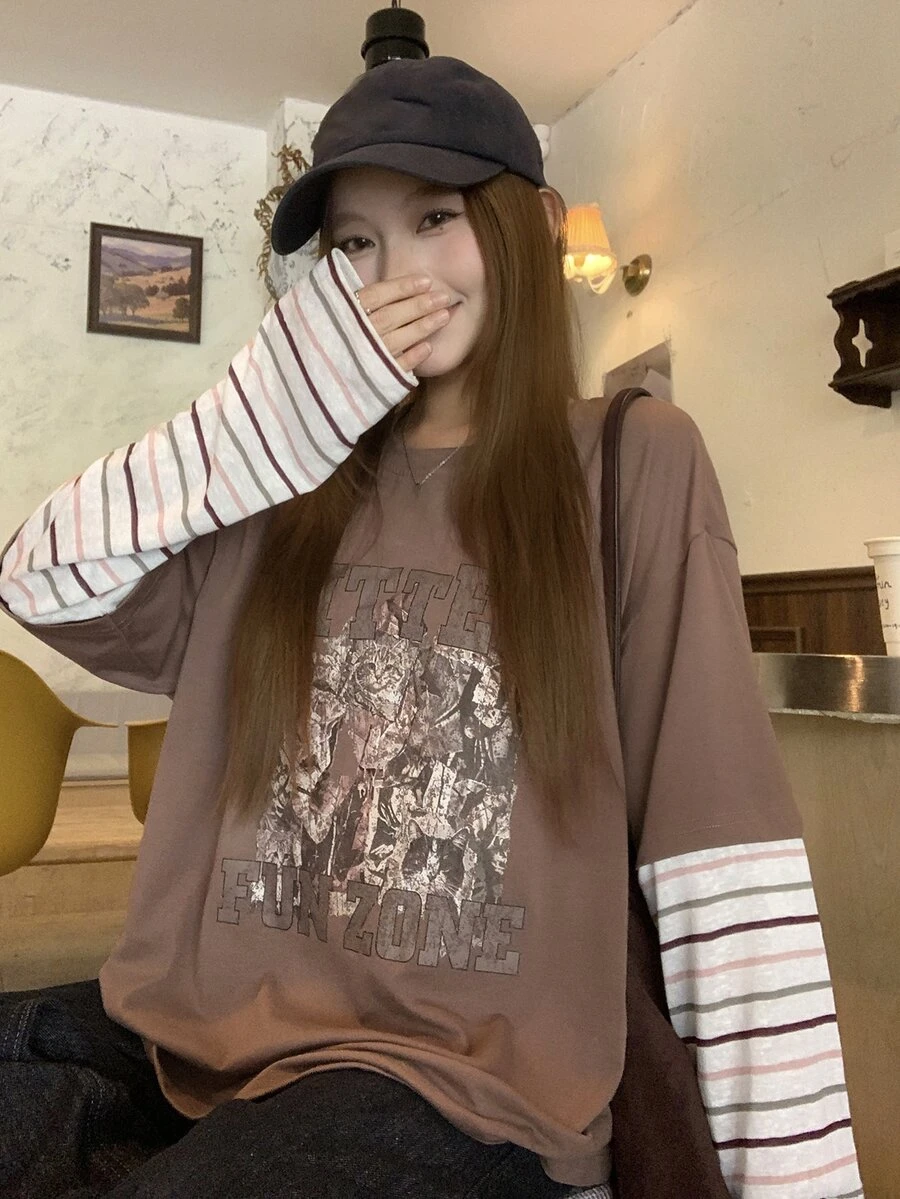 DAZY Women's Cartoon Print Striped Patchwork Sleeve T-Shirt Oversized T Shirts For Women Fall - Coffee Brown - View 1