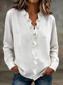 Breezaya Plus Size Women's Gentle Ruffle Trim V-Neck White Blouse, Loose Drapey Long Sleeve Commuter Top - White - View 1