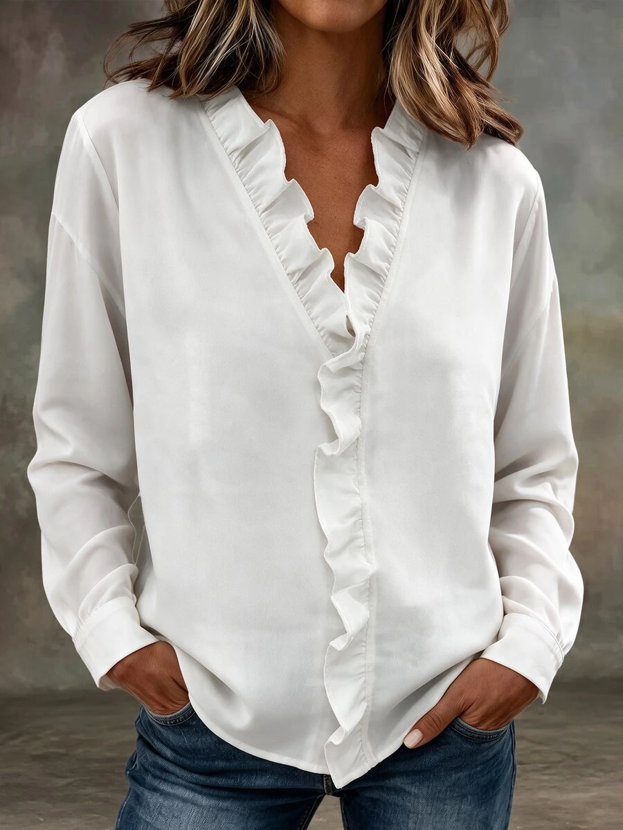Breezaya Plus Size Women's Gentle Ruffle Trim V-Neck White Blouse, Loose Drapey Long Sleeve Commuter Top - White - View 1