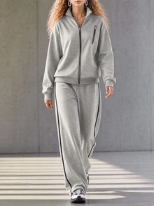 SHEIN LUNE Setelan Olahraga Kasual Longgar Kerah Tegak Terbaru untuk Wanita, Cocok untuk Sehari-hari, Bepergian, dan Berolahraga - Grey - View 6