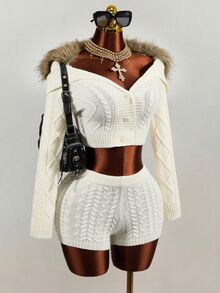 Mistrie Autumn/Winter Cozy Brown Coffee Fluffy Knit Set, Argyle Cable Knit Fitted Cropped Top & Tight Knit Shorts 2 Pieces Set - Beige - View 9