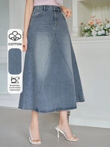 Dazy Tall Women's Elegant Casual A-Line Button Denim Skirt Autumn Everyday Going Out Blue - Medium Wash - View 11