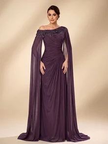Serin Elegant Luxurious Beaded Sequin Lace Patchwork Elastic Knit Mesh Patchwork Chiffon Sleeve Ruched Mermaid Skirt Suitable For Wedding Events, Bachelorette Party, Vacation, Ball, Evening Dress (Heavy Workmanship Style) - Purple - View 5