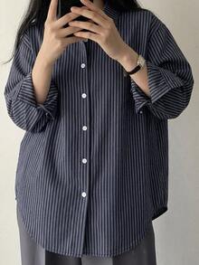 DAZY 女款休閒通勤條紋襯衫 秋季 - 藏蓝色 - 查看 4