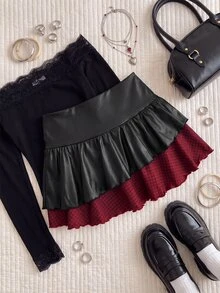 Comfortcana Plus Size Plaid Patchwork Black Skirt - Multicolor - View 3
