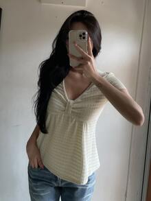 DAZY 女款夏季休閒素色紋理 T 恤 - 黃色 - 查看 1