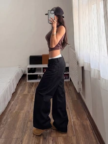 SHEIN Tall 女款休閒百搭日常穿著牛仔褲，附口袋與鈕扣設計 - 黑色 - 查看 5