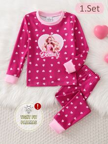 2pcs/Set Young Girls Pajamas Cute Princess Print Long Sleeve Long Pants Knit Snug Fit Sleepwear Loungewear Set - Pink - View 4