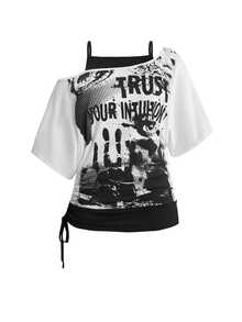 ROMWE Grunge Punk 復古音樂節派對骷髏紮染印花寬鬆不對稱肩 2 合 1 大尺碼 T-shirt - 白色 - 查看 1