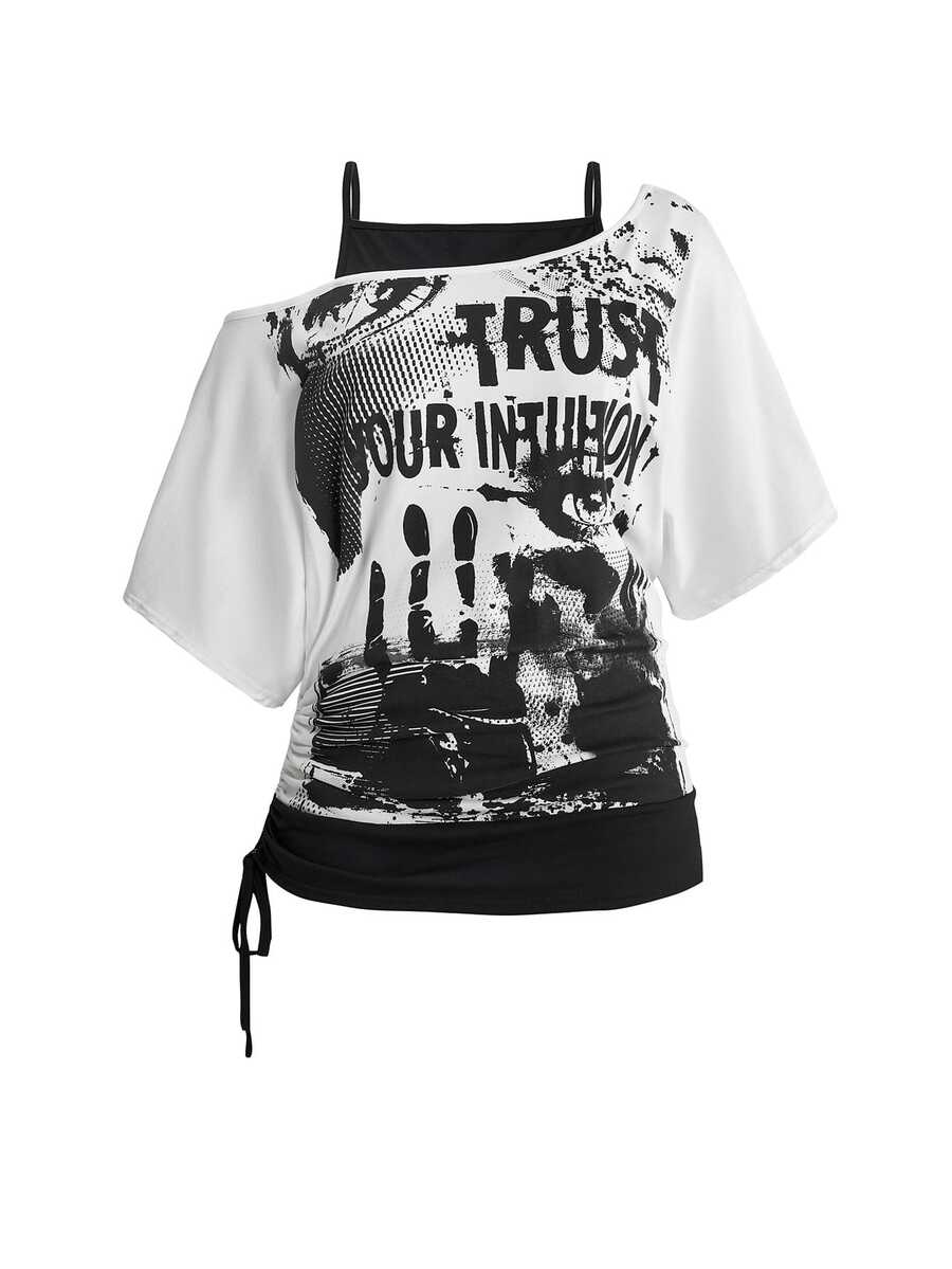 ROMWE Grunge Punk 復古音樂節派對骷髏紮染印花寬鬆不對稱肩 2 合 1 大尺碼 T-shirt - 白色 - 查看 1