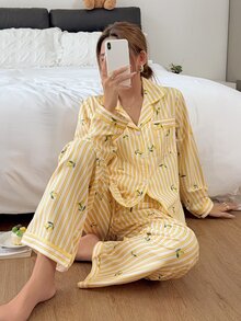 Napfluff Set Piyama Wanita Motif Garis-garis Lemon dengan Kerah Terbuka di Bagian Depan - Kuning - View 5
