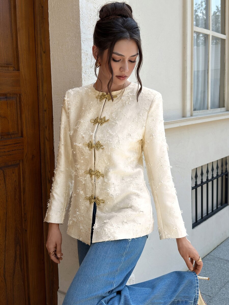 EastFlair Women's Chinese Style Frog Button Long Sleeve Elegant Jacket Dinner Everyday Gold And White Fall/Winter New Year Outfit - White - View 1