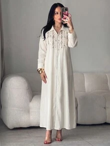 Al Najma Women's Floral Embroidered Beaded Decor Arabian Dress - Apricot - View 3