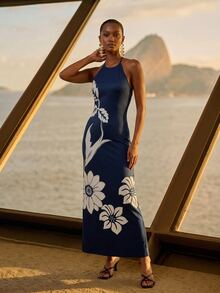 CAJUNI Chic Vacation Golden Flower Embroidery Navy Blue Jersey Knit Long Dress - Navy Blue - View 5