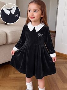 SHEIN 1pc Young Girl Velvet Fabric Black Contrast White Bow Embroidery Fashion Elegant Korean Style Sweet Vintage Long Sleeve Collared Dress, Suitable For Spring And Autumn Daily Wear, Shopping, Parties, Travel And Vacation Occasions - Black - View 3