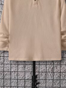 SHEIN 青少年男孩純色半鈕扣 Polo 長袖 T 恤 - 卡其色 - 查看 5