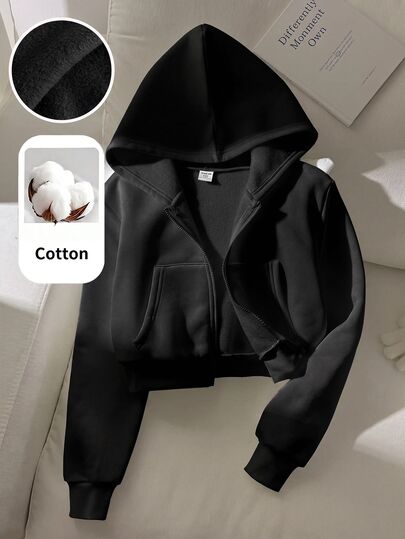 SHEIN Jaket Musim Dingin Longgar Kasual Dasar Minimalis Nyaman Streetwear Berkerudung Pas di Bagian Depan Lengan Pendek Panjang Putih Musim Gugur