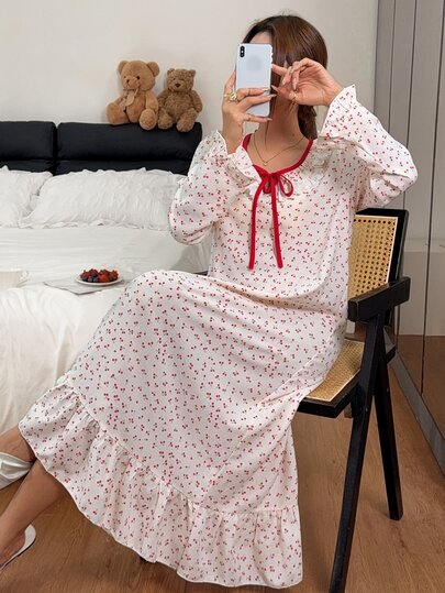 Napfluff Gaun Tidur Wanita Ukuran Standar Motif Ceri Lengan Panjang dengan Hiasan Ruffle dan Kerah Renda, Gaya Imut, Cocok untuk Dipakai di Rumah dan Luar Ruangan, Sepanjang Musim