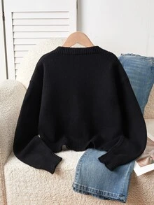 SHEIN Tween Girl Fashion Casual Sweet Star Pattern Knit Cardigan - Black - View 2