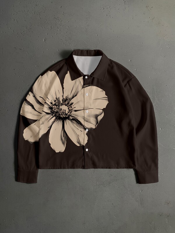 StoneGrade Chinese Style Vintage Ink Floral Fashion Print Men's Standard Size Cropped Loose Fit Long Sleeve Shirt