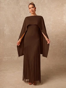 Lumalex Women's Elegant Shawl Collar Tassel Hem Dress For Evening Party - Brown - View 3