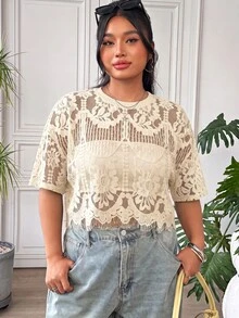 SHEIN EZwear 大尺碼女款蕾絲休閒百搭日常穿著上衣 - 杏色 - 查看 5