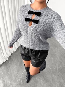 Elenzga Hollow Cable Round Neck Double Bow Front Cutout Slim Fit Long Sleeve Sweater - Grey - View 1