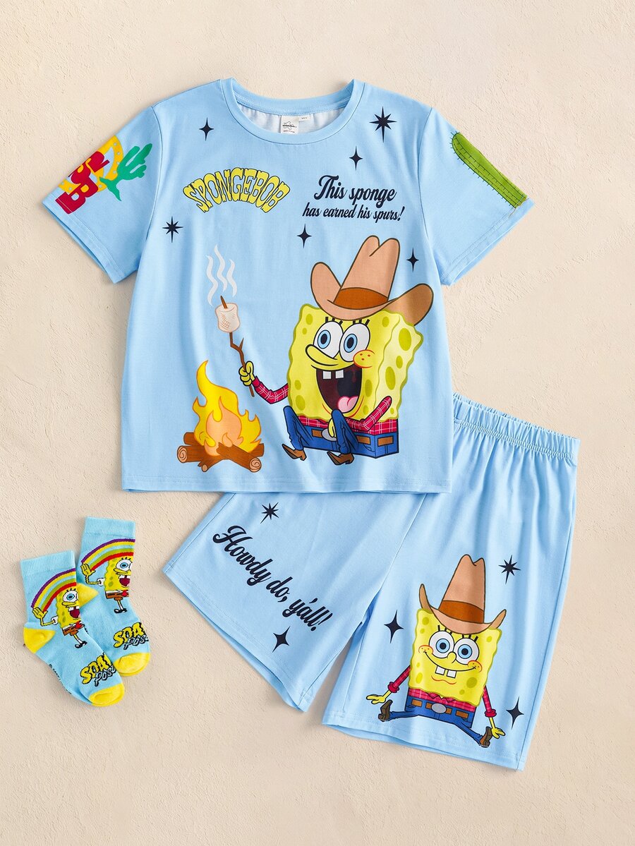 SpongeBob SquarePants | SHEIN 青少年男孩卡通印花圓領上衣與短褲居家休閒套裝 - 藍色 - 查看 1