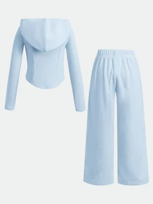 Young Girl Young Girl Kids Fashion Casual Knit Solid Color Hooded Jacket Set - Blue - View 6