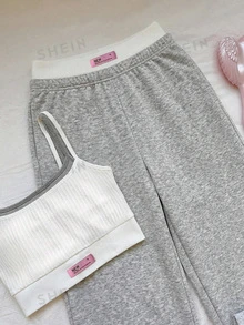 Comfortcana Plus Size Women's Letter Print Denim Camisole Top And Pants Casual 2-Piece Set - Light Grey - View 7